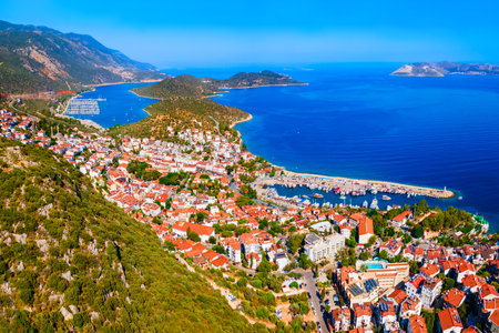 Kas city port or marina aerial panoramic view. Kas or Kash is a small seaside resort town in Antalya Province in Turkey.の写真素材