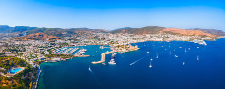 Bodrum city beach and marina aerial panoramic view. Bodrum is a city in Mugla Province, Turkey.の写真素材