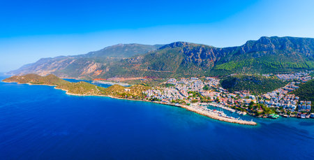 Kas city port or marina aerial panoramic view. Kas or Kash is a small seaside resort town in Antalya Province in Turkey.の写真素材
