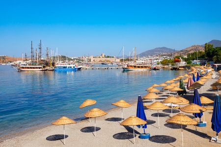 Bodrum city beach and marina aerial panoramic view. Bodrum is a city in Mugla Province, Turkey.の写真素材