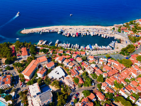 Kas city port or marina aerial panoramic view. Kas or Kash is a small seaside resort town in Antalya Province in Turkey.の写真素材