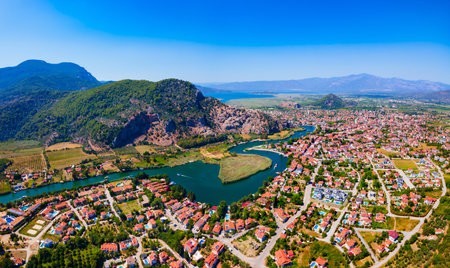 Boats at Dalyan river aerial panoramic view. Dalyan is a town in Mugla Province, Turkey.の写真素材
