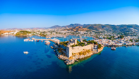 The Bodrum Castle of St. Peter and marina aerial panoramic view in Bodrum city. Bodrum is a city in Mugla Province, Turkey.の写真素材