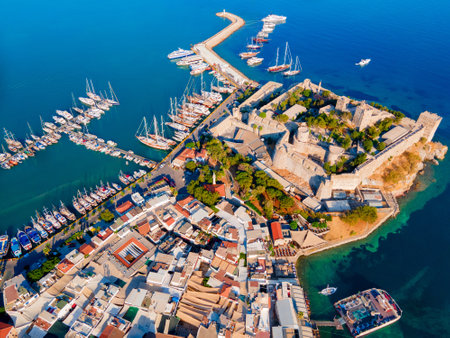 The Bodrum Castle of St. Peter and marina aerial panoramic view in Bodrum city. Bodrum is a city in Mugla Province, Turkey.の写真素材