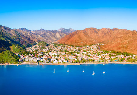 Icmeler city beach aerial panoramic view. Icmeler is a town near Marmaris city in Mugla Province, Turkey.の写真素材