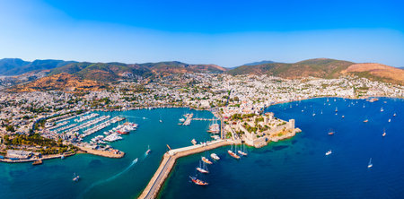 Bodrum city beach and marina aerial panoramic view. Bodrum is a city in Mugla Province, Turkey.の写真素材