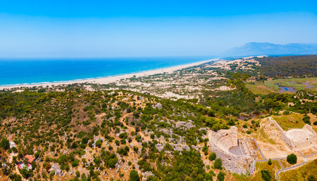 Patara aerial panoramic view. Patara was an ancient city and for a period the capital of Lycia. It is located on the coast near the Gelemis village in Antalya Province, Turkey.の写真素材