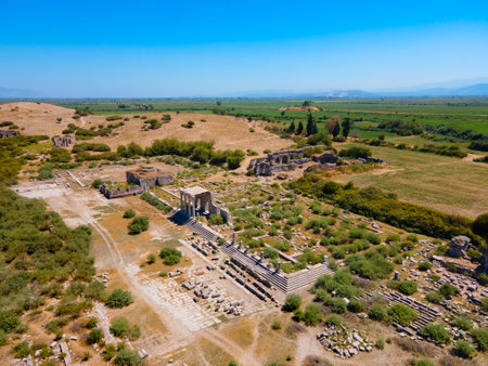 Miletus Archaeological Site aerial panoramic view. Miletus was an ancient Greek city and now located near the Didim modern city in Turkey.の写真素材