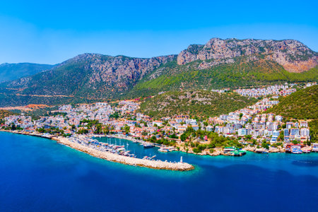 Kas city port or marina aerial panoramic view. Kas or Kash is a small seaside resort town in Antalya Province in Turkey.の写真素材