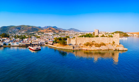 The Bodrum Castle of St. Peter and marina aerial panoramic view in Bodrum city. Bodrum is a city in Mugla Province, Turkey.の写真素材
