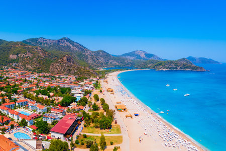 Oludeniz beach aerial panoramic view. Oludeniz or Blue Lagoon is a beach resort in the Fethiye district of Mugla Province, Turkey.の写真素材