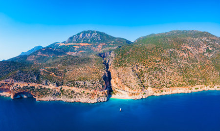Kaputas Beach and Uyluk Tepe Mountain aerial panoramic view. Kaputas or Kaputash is a small beach between Kas and Kalkan in Antalya Province, Turkeyの写真素材