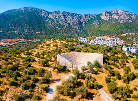 The ancient Greek theatre aerial panoramic view at the Antiphellus or Antiphellos Ancient City in modern Kas or Kash town in Antalya Province in Turkeyの写真素材