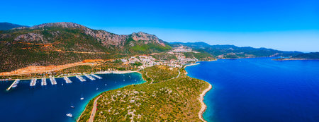Kas city aerial panoramic view. Kas or Kash is a small seaside resort town in Antalya Province in Turkey.の写真素材
