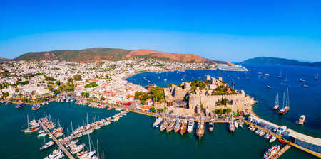The Bodrum Castle of St. Peter and marina aerial panoramic view in Bodrum city. Bodrum is a city in Mugla Province, Turkey.の写真素材