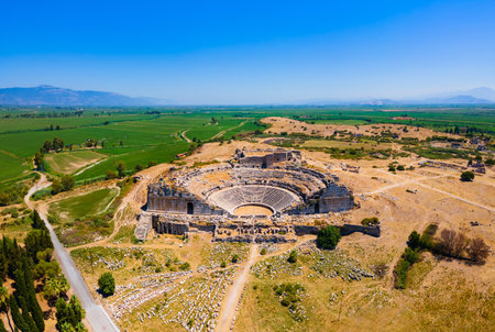 Theatre of Miletus aerial panoramic view. Miletus was an ancient Greek city and now located near the Didim modern city in Turkey.の写真素材