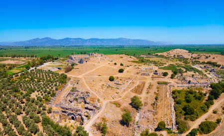 Miletus Archaeological Site aerial panoramic view. Miletus was an ancient Greek city and now located near the Didim modern city in Turkey.の写真素材