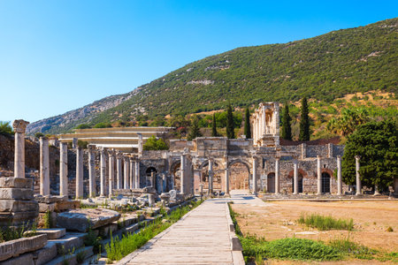 The Library of Celsus side view with colonnade in Ephesus ancient greek city. Ephesus or Efes is located near Selcuk modern city in Izmir Province in Turkey.の写真素材