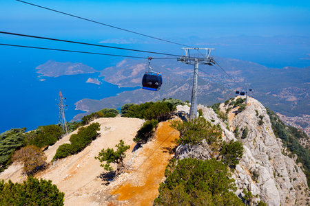 Cable car from Oludeniz to Babadag mountain. Oludeniz or Blue Lagoon is a beach resort in Fethiye district of Mugla Province, Turkey.の写真素材