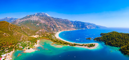 Blue Lagoon and Oludeniz beach aerial panoramic view. Oludeniz is a beach resort in the Fethiye district of Mugla Province, Turkey.の写真素材