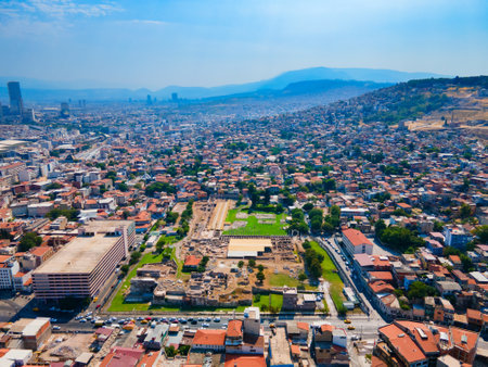 The Agora of Smyrna aerial panoramic view. The Agora of Smyrna is an ancient Roman agora located in Izmir city in Turkey.の写真素材