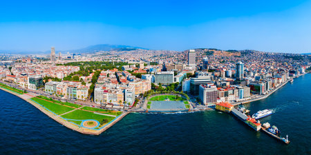 Cumhuriyet square aerial panoramic view in Izmir. Cumhuriyet square meaning Republic Square is one of the main urban squares of Izmir city in Turkey.の写真素材