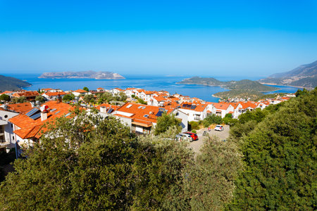 Kas city aerial panoramic view. Kas or Kash is a small seaside resort town in Antalya Province in Turkey.の写真素材