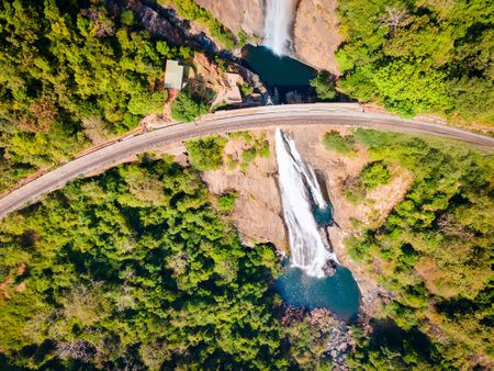 Dudhsagar Falls aerial panoramic view. Dudhsagar waterfall is a waterfall on the Mandovi River in Goa state of India.の写真素材