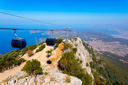 Cable car from Oludeniz to Babadag mountain. Oludeniz or Blue Lagoon is a beach resort in Fethiye district of Mugla Province, Turkey.の写真素材