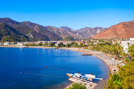 Icmeler city beach aerial panoramic view. Icmeler is a town near Marmaris city in Mugla Province, Turkey.の写真素材
