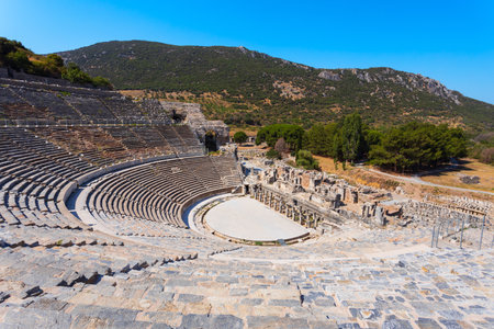 Ephesus Ancient Greek Theatre. Ephesus or Efes is located near Selcuk modern city in Izmir Province in Turkey.の写真素材