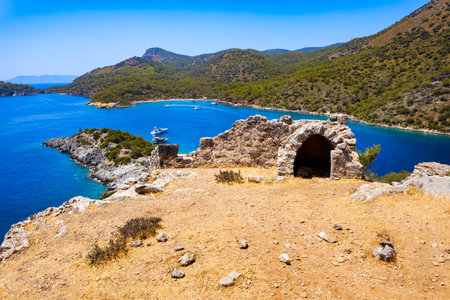 Greek church byzantine ruins at Gemiler or St. Nicholas Island near Oludeniz village, district of Fethiye in Turkeyの写真素材