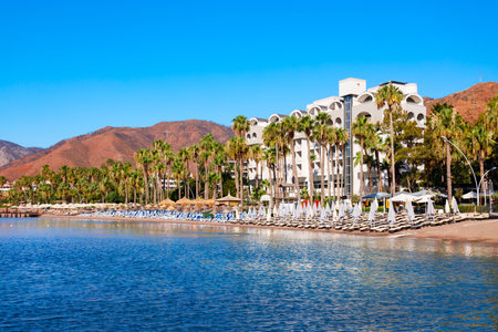 Icmeler main city beach. Icmeler is a town near Marmaris city in Mugla Province, Turkey.の写真素材