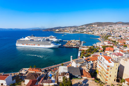 Kusadasi city and port aerial panoramic view. Kusadasi city is located in Aydin Province in Turkey.の写真素材
