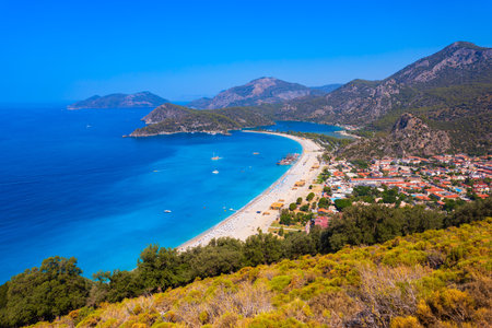 Oludeniz beach aerial panoramic view. Oludeniz or Blue Lagoon is a beach resort in the Fethiye district of Mugla Province, Turkey.の写真素材
