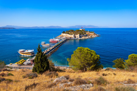Guvercinada means Pigeon Island aerial panoramic view in Kusadasi city. Kusadasi is located in Aydin Province in Turkey.の写真素材
