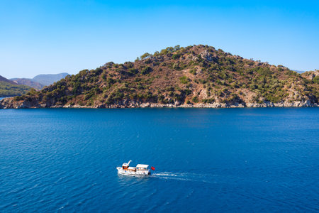 Boat near the Icmeler beach aerial panoramic view. Icmeler is a town near Marmaris city in Mugla Province, Turkey.の写真素材