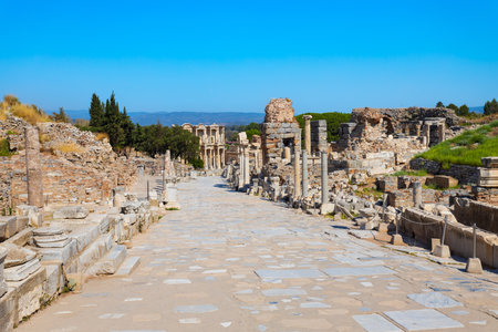 Curetes street collonade at the Ephesus ancient Greek city. Ephesus or Efes is located near Selcuk modern city in Izmir Province in Turkey.の写真素材