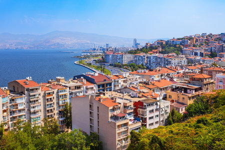 Izmir city centre aerial panoramic view. Izmir is a metropolitan city on the west coast of Anatolia and capital of Izmir Province in Turkey.の写真素材