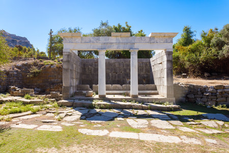 The fountain building ruins at the Kaunos ancient city. Kaunos is located near Dalyan town in Mugla Province, Turkey.の写真素材