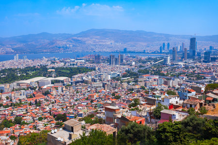 Izmir city centre aerial panoramic view. Izmir is a metropolitan city on the west coast of Anatolia and capital of Izmir Province in Turkey.の写真素材
