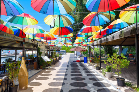 Street cafe in the Koycegiz town in Mugla Province in Turkeyの写真素材