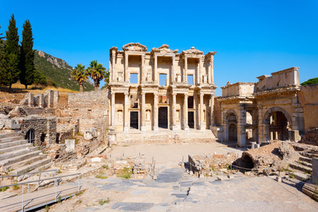 The Library of Celsus in Ephesus ancient greek city. Ephesus or Efes is located near Selcuk modern city in Izmir Province in Turkey.の写真素材