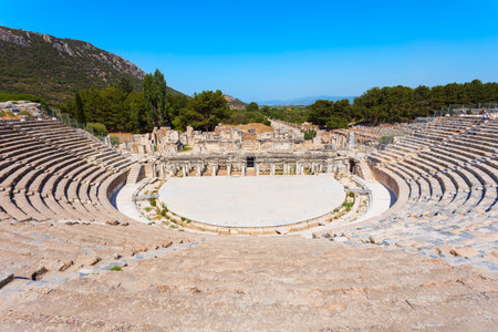 Ephesus Ancient Greek Theatre. Ephesus or Efes is located near Selcuk modern city in Izmir Province in Turkey.の写真素材