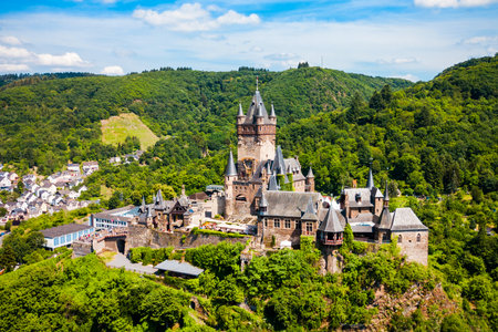 Reichsburg Castle aerial panoramic view in Cochem in Moselle valley, Germany