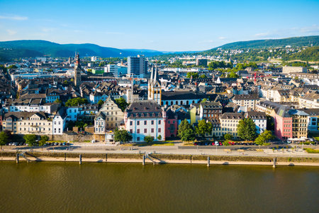 Koblenz old town aerial panoramic view. Koblenz is a city on the Rhine where it is joined by Moselle river.の写真素材