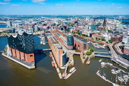 Hamburg city centre aerial panoramic view in Germanyの写真素材