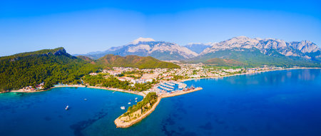 Kemer city port and beach aerial panoramic view. Kemer is a seaside resort town in Antalya Province in Turkey.の写真素材