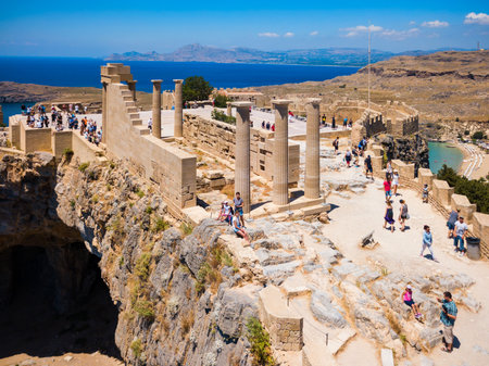 Saint Paul's Beach and Lindos Acropolis aerial panoramic view in Rhodes island in Greeceの写真素材