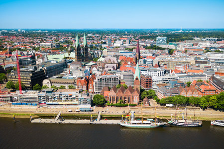 Ships at the Weser river in Bremen city, Germanyの写真素材
